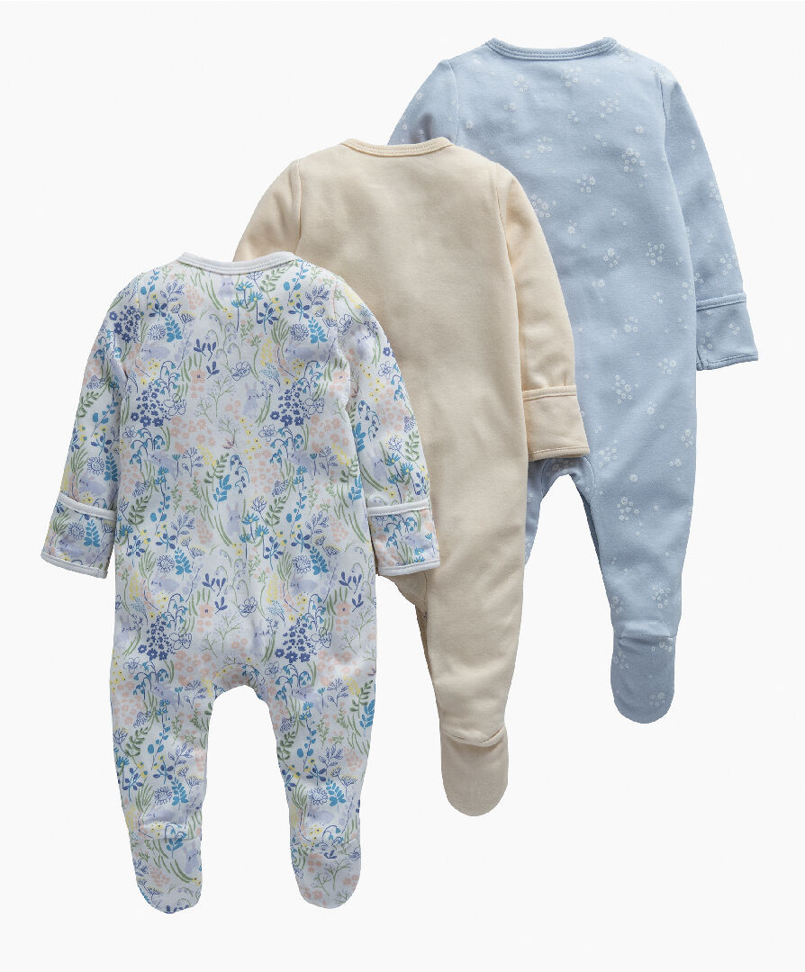 طقم بيجاما قطعة واحدة قطن جيرسيه بنقشة أرانب وزهور - 3 قطع image number 2