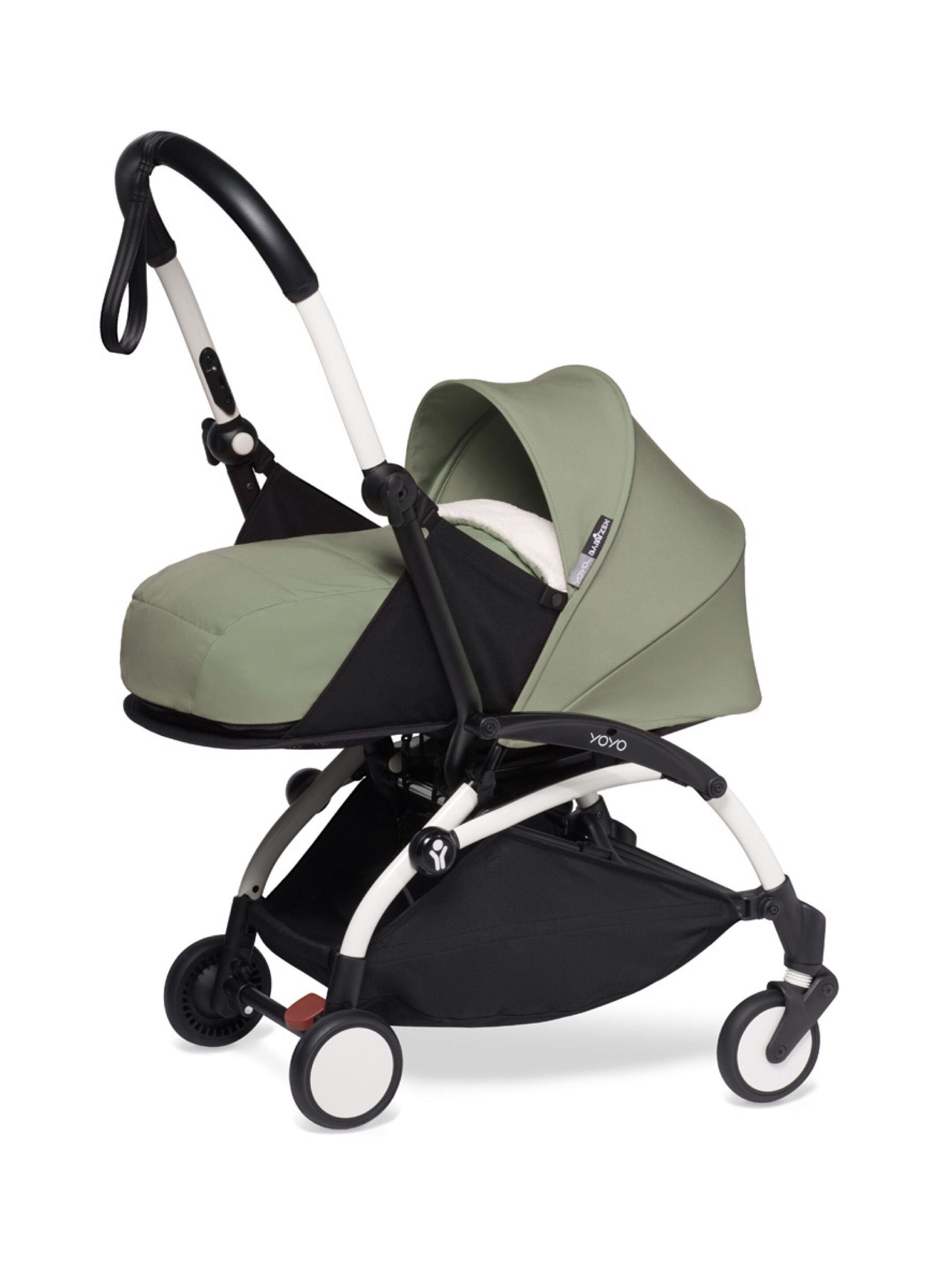 عربة أطفال بيبي زن يويو بهيكل أبيض ومجموعة مقعد عربة للأطفال حديثي الولادة أخضر زيتوني image number 1