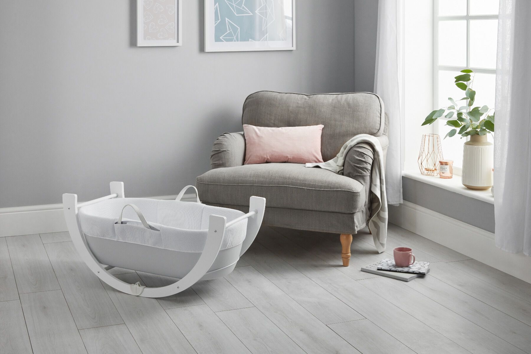 مهد دريمي للأطفال بقاعدة وحامل مقوس 2 في 1 بلون رمادي - شناغل image number 2