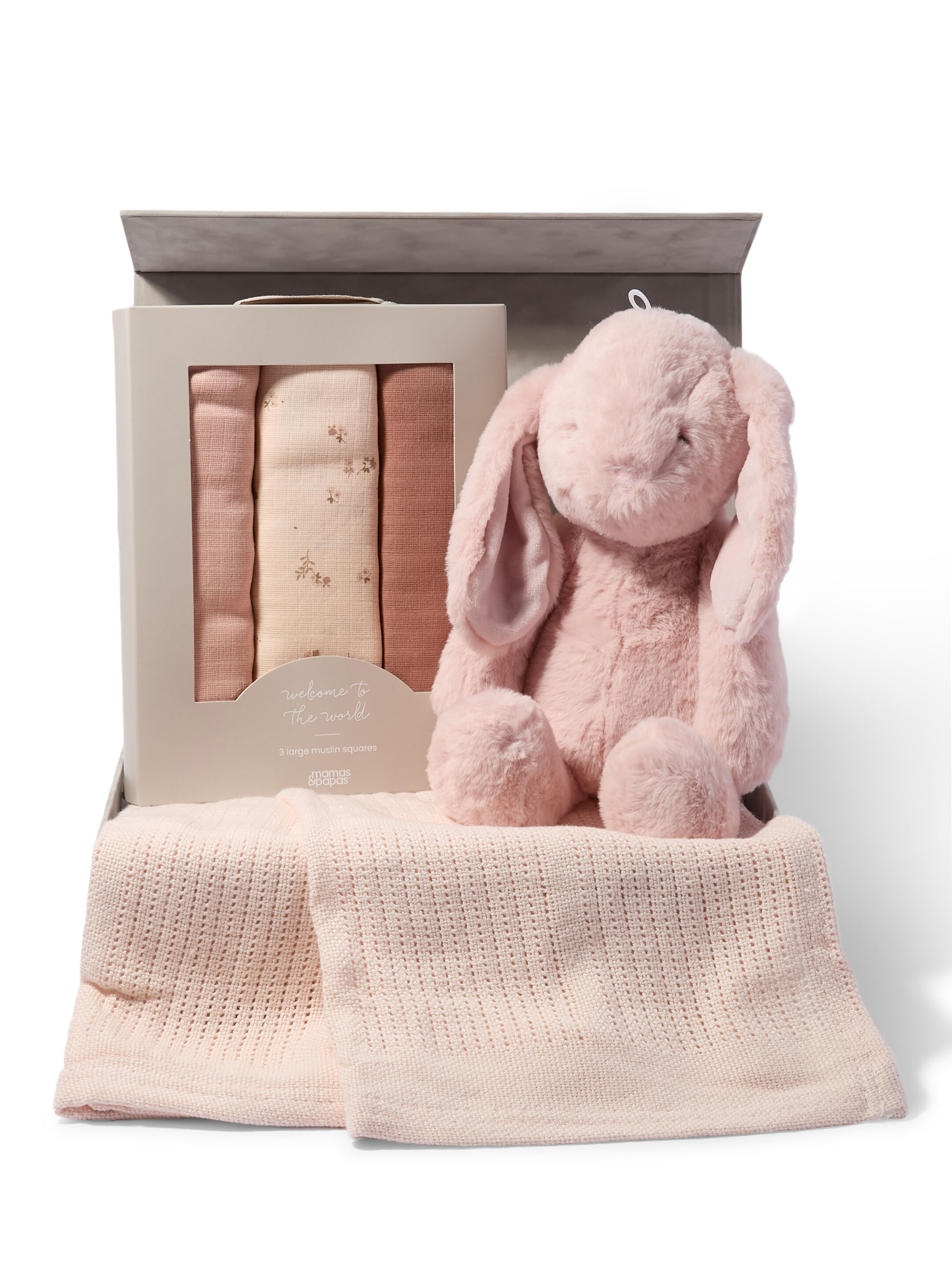 Snuggle Gift Set - Pink Cellular Blanket with Pink Bunny Soft Toy & Wildflower Muslin Squares image number 1