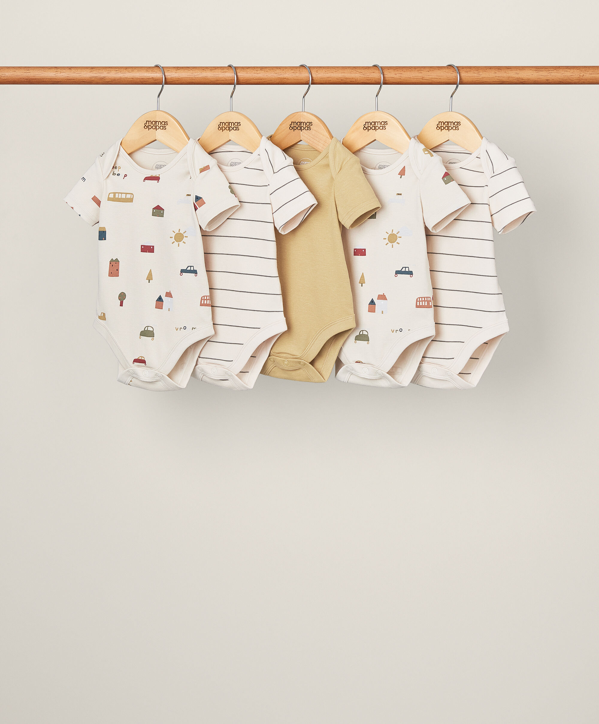 طقم لباس قطعة واحدة بنقشة وسائل مواصلات وأكمام قصيرة بلون أصفر - 5 قطع image number 1