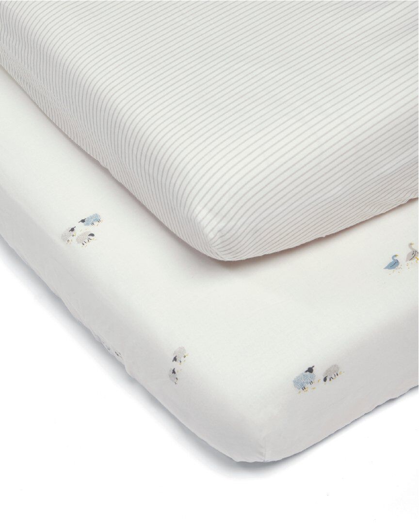 طقم شرشف ويلكوم تو ذا وورلد بحواف مطاطية بنقشة خطوط زرقاء ومزرعة - قطعتان image number 1