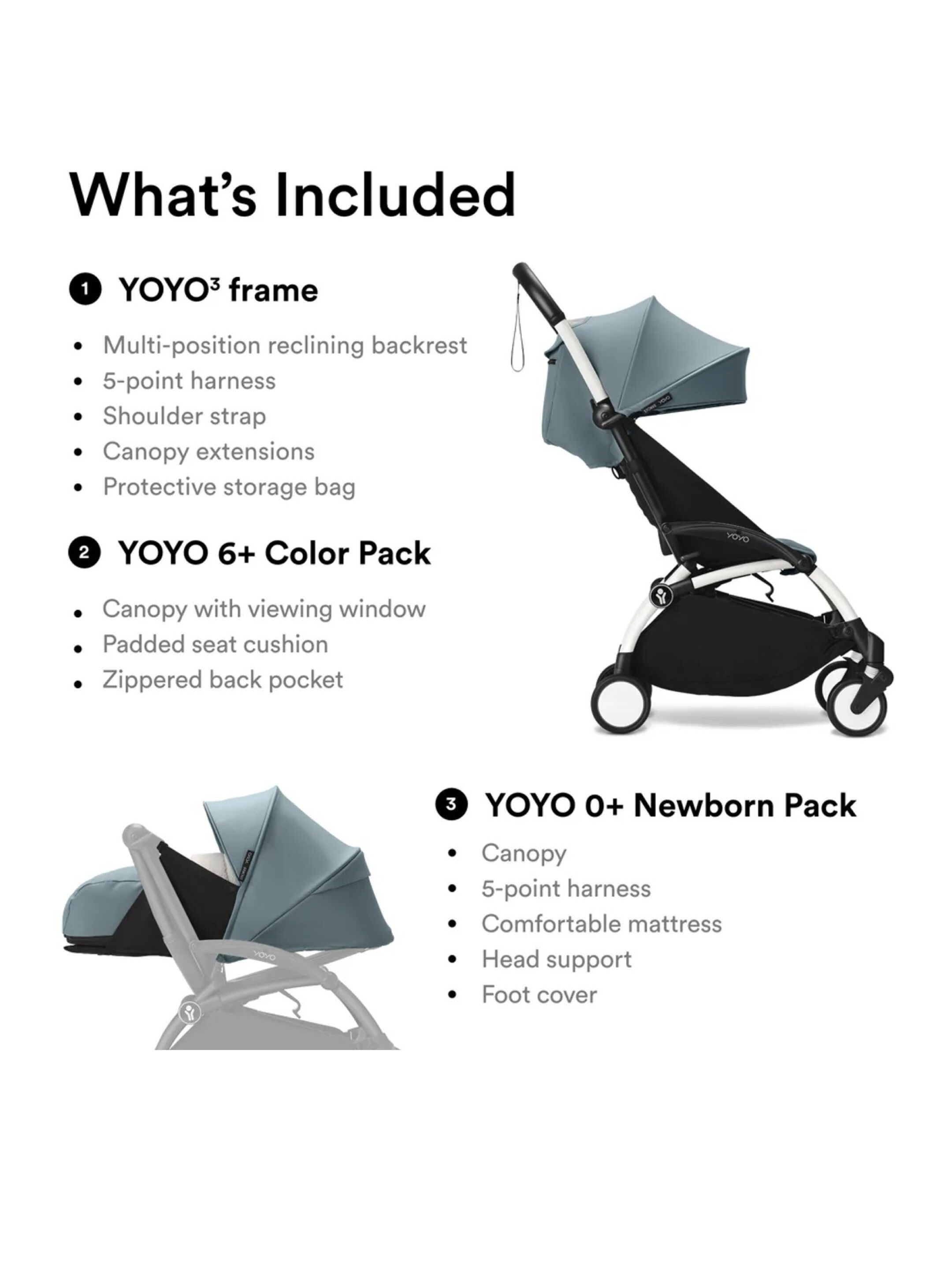 Stokke YOYO3 Full Stroller with Black Frame, 0+ Newborn and 6+ Color Pack - Aqua (3 pieces) image number 2