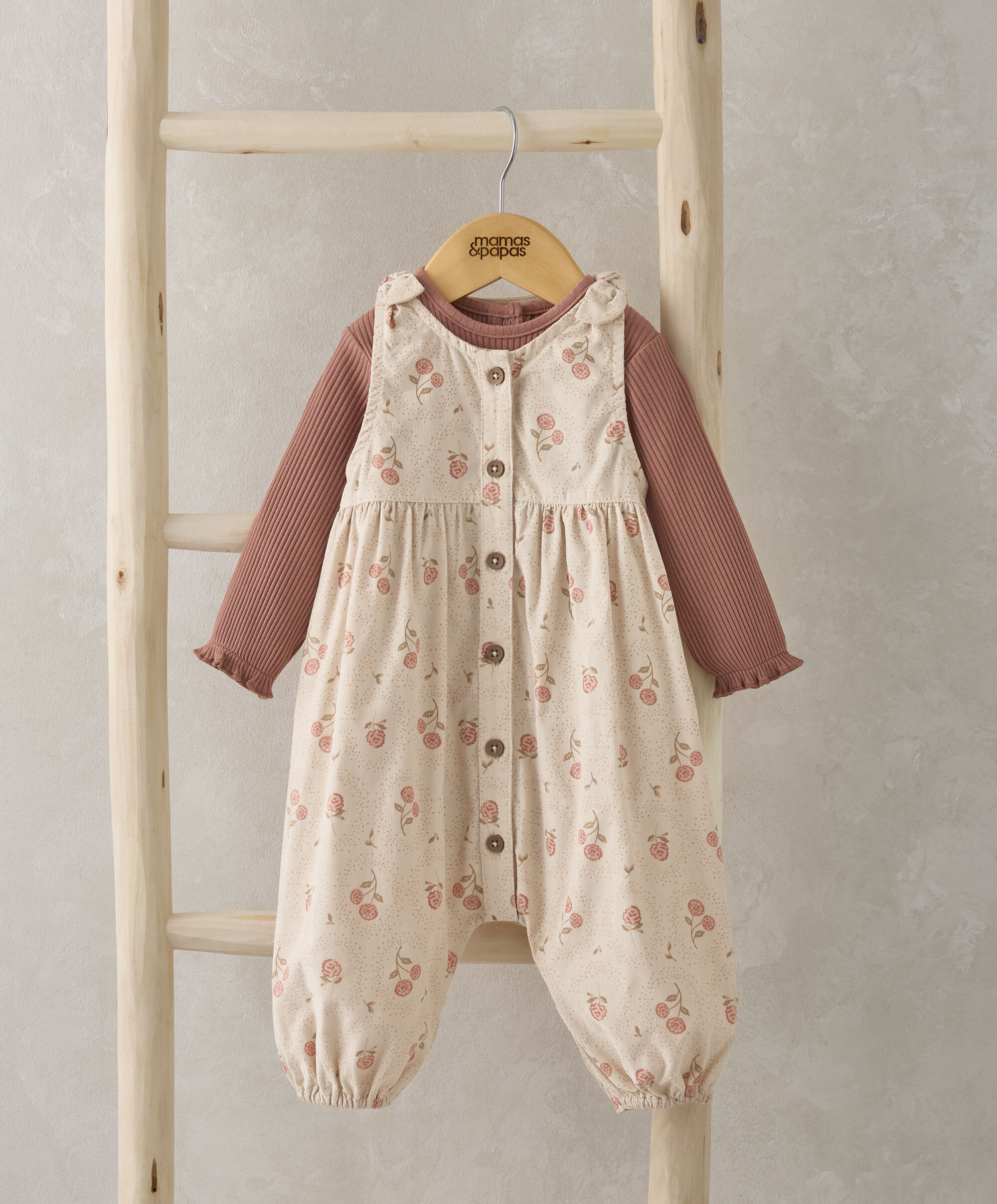 طقم دنغري مضلع ولباس قطعة واحدة بنقشة زهور - قطعتان image number 1