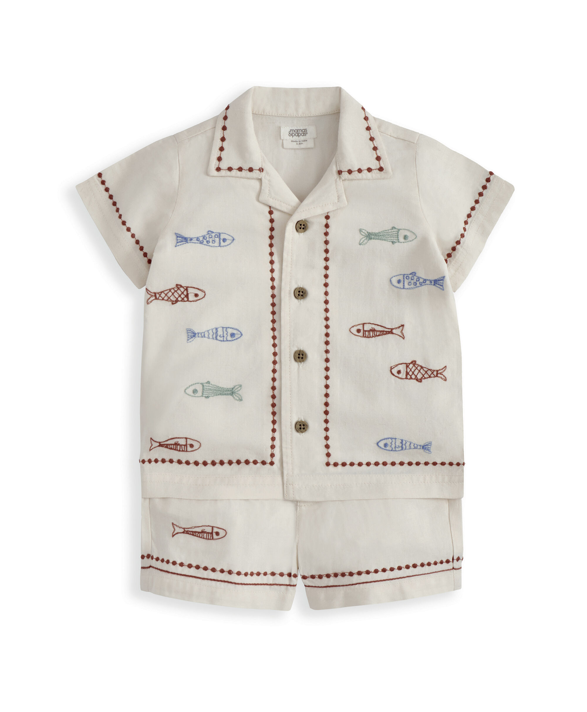 طقم قميص وشورت بتطريز سمك سردين كتان، قطعتين image number 2